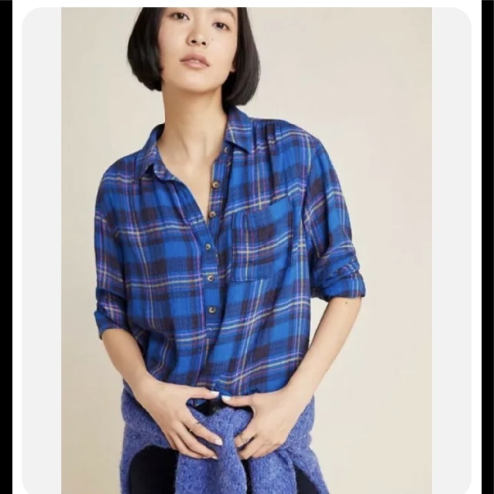 NWT Anthropologie Isadora Button-Back Plaid Tunic Blue Black XL